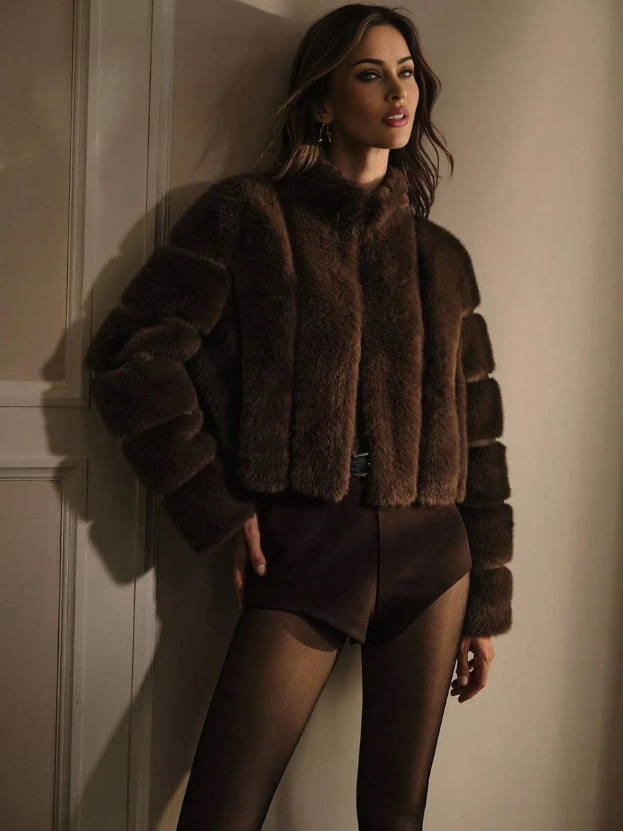 PREMIUM STAND COLLAR FAUX FUR COAT FALL WINTER