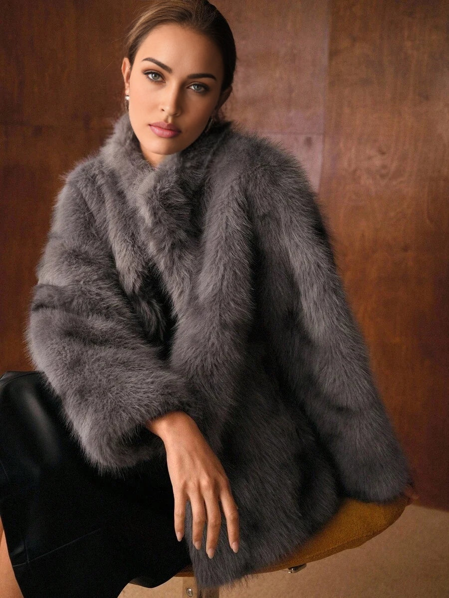 PREMIUM STANDER COLLAR FAUX FUR COAT FALL WINTER
