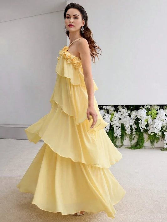 PREMIUM STEREO FLORAL RUFFLE TRIM DRESS