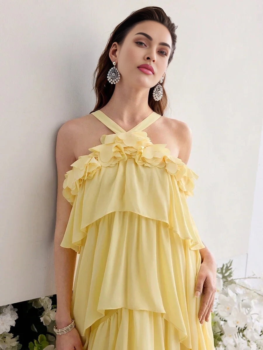 PREMIUM STEREO FLORAL RUFFLE TRIM DRESS