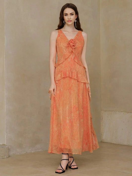 PREMIUM STEREO FLORAL RUFFLE TRIM DRESS