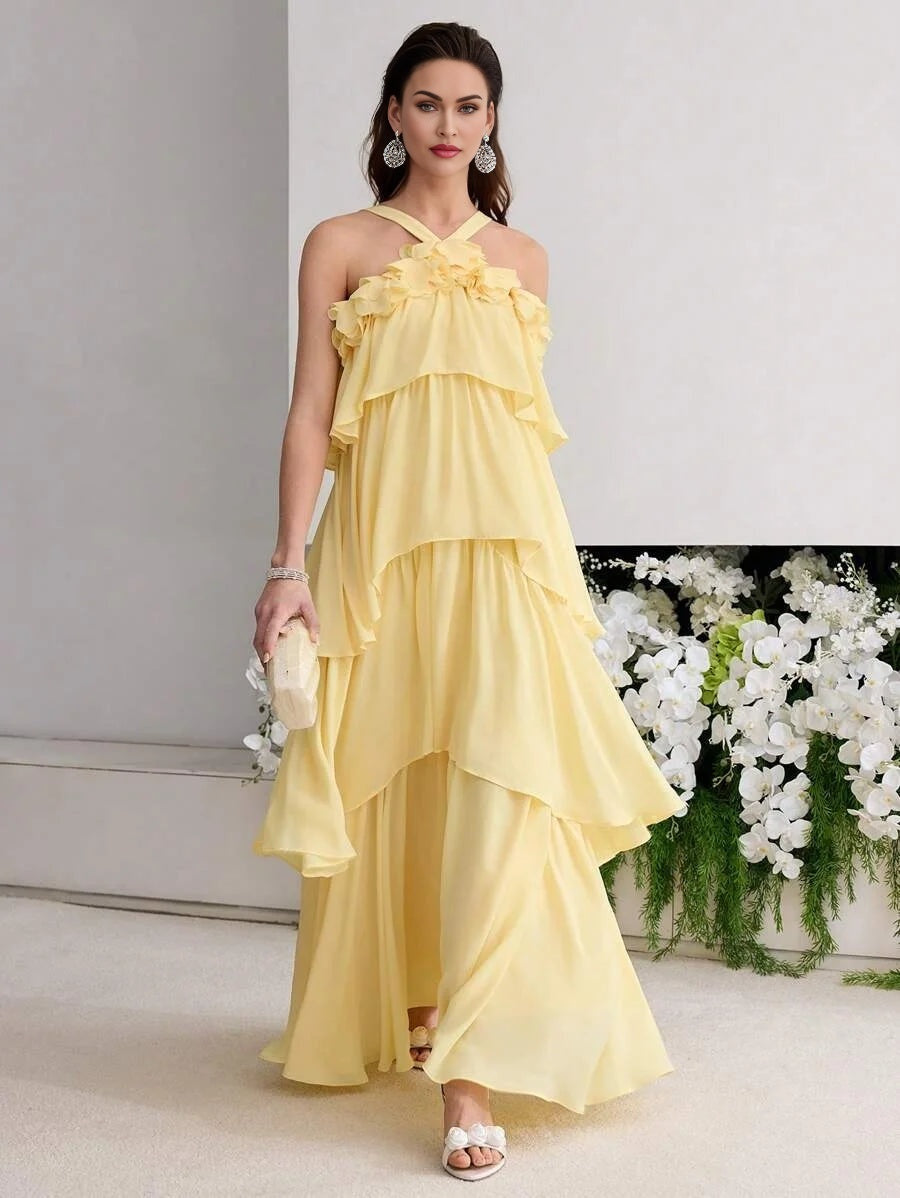 PREMIUM STEREO FLORAL RUFFLE TRIM DRESS