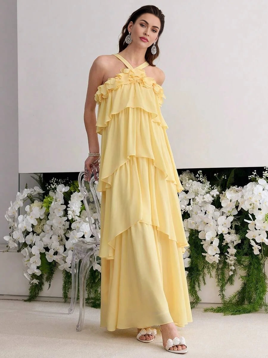 PREMIUM STEREO FLORAL RUFFLE TRIM DRESS