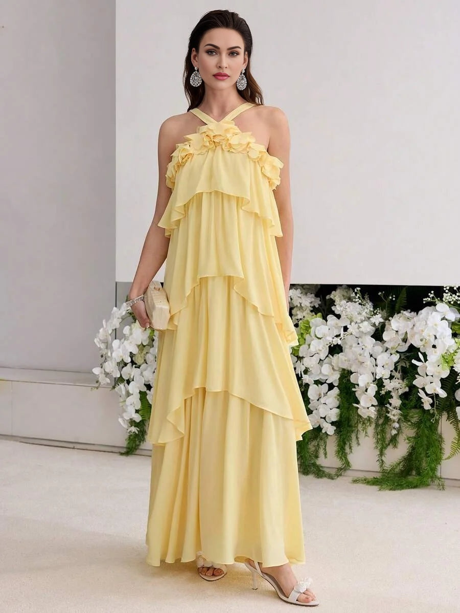 PREMIUM STEREO FLORAL RUFFLE TRIM DRESS