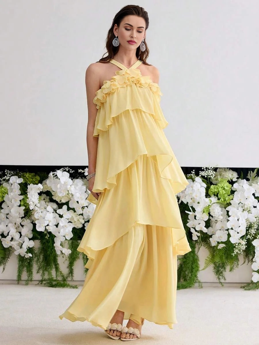 PREMIUM STEREO FLORAL RUFFLE TRIM DRESS