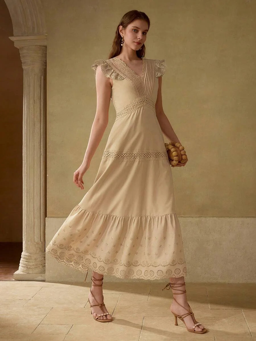 PREMIUM STRIPED LACE TRIM VNECK MAXI DRESS KHAKI COLOR