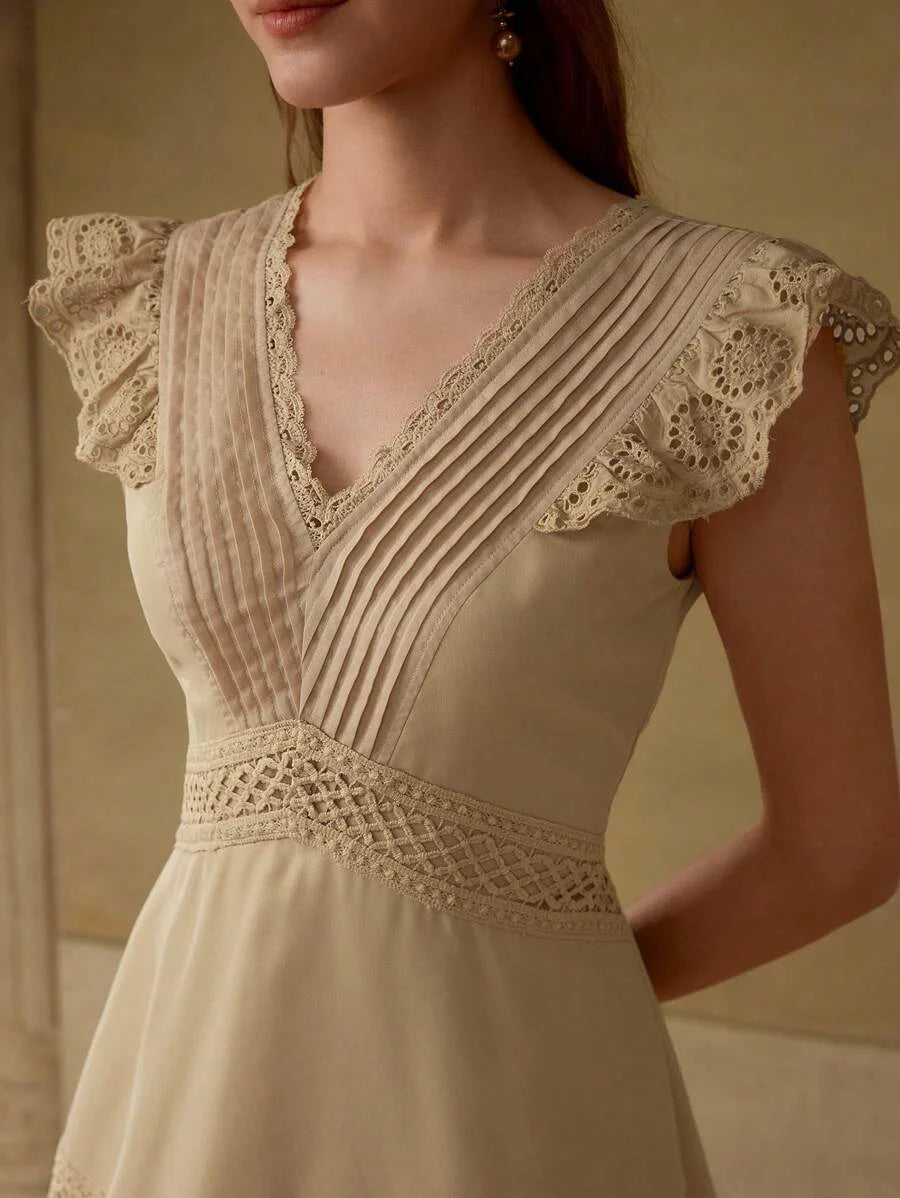 PREMIUM STRIPED LACE TRIM VNECK MAXI DRESS KHAKI COLOR