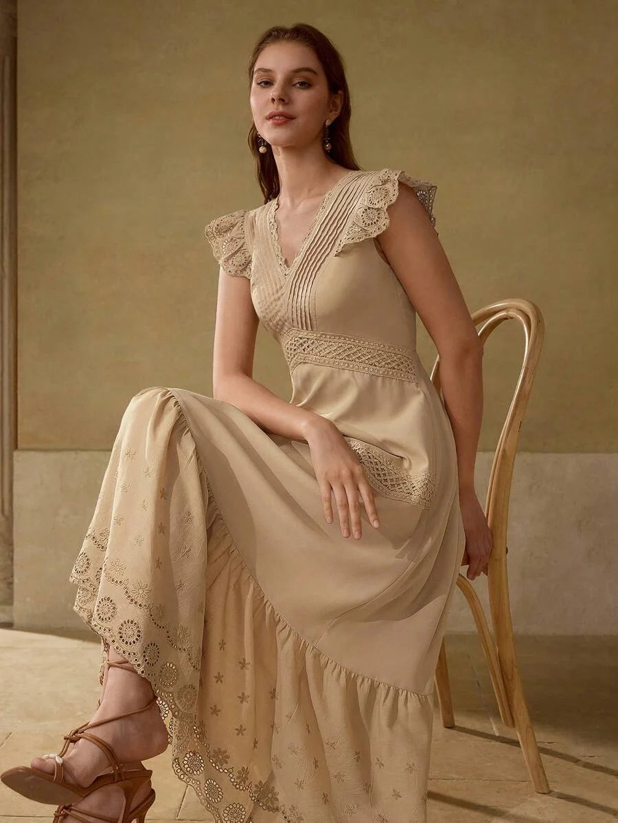 PREMIUM STRIPED LACE TRIM VNECK MAXI DRESS KHAKI COLOR