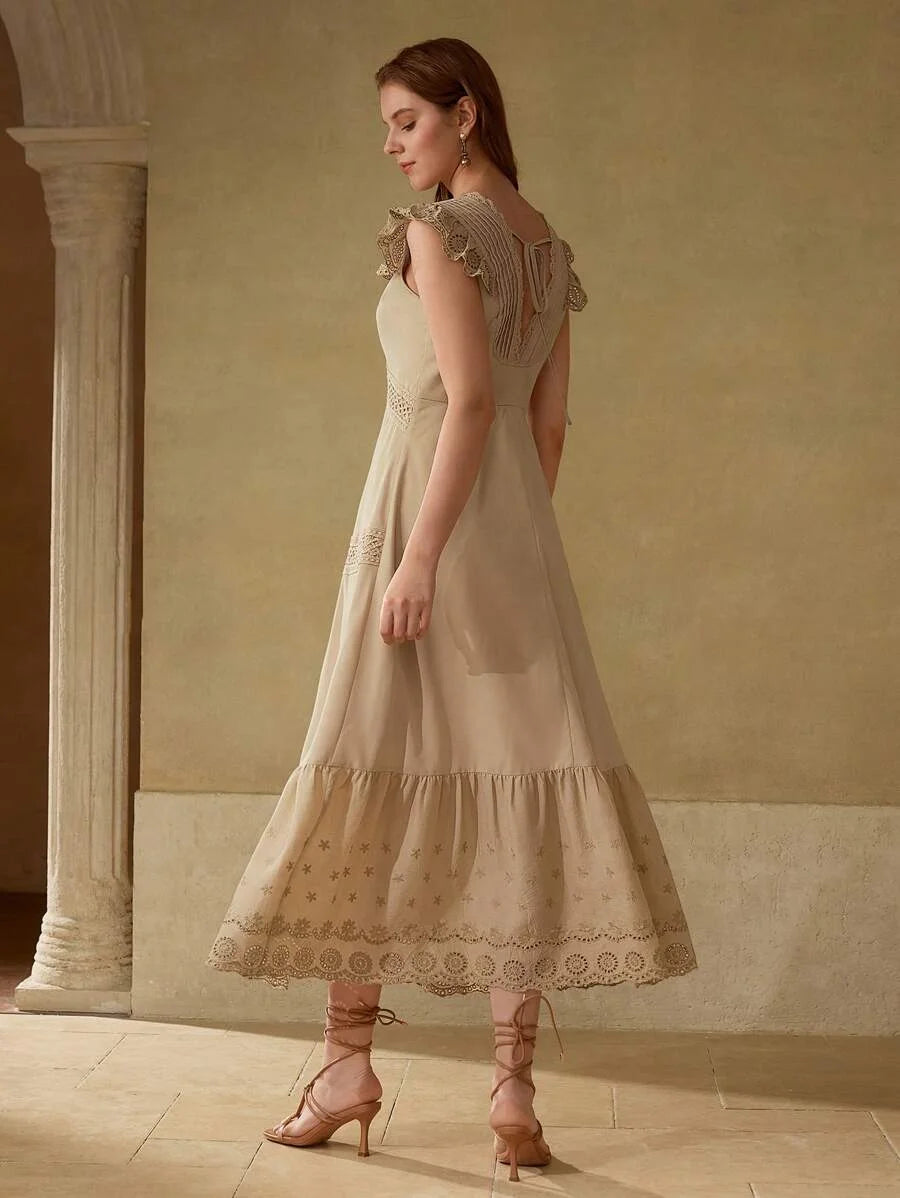 PREMIUM STRIPED LACE TRIM VNECK MAXI DRESS KHAKI COLOR