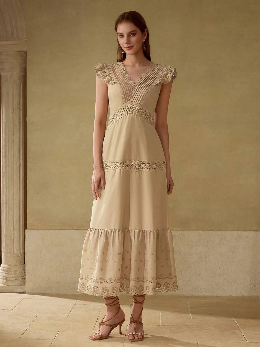 PREMIUM STRIPED LACE TRIM VNECK MAXI DRESS KHAKI COLOR