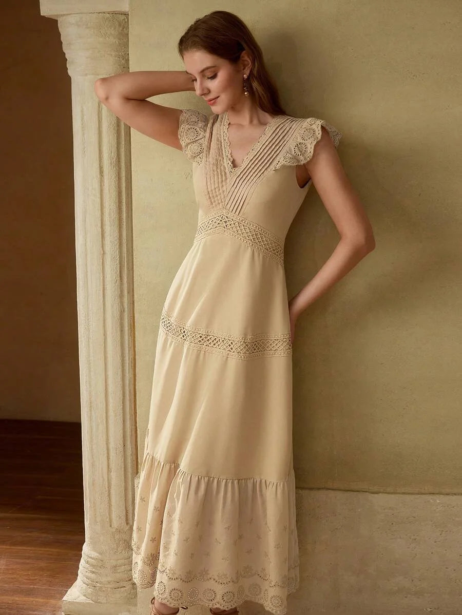 PREMIUM STRIPED LACE TRIM VNECK MAXI DRESS KHAKI COLOR