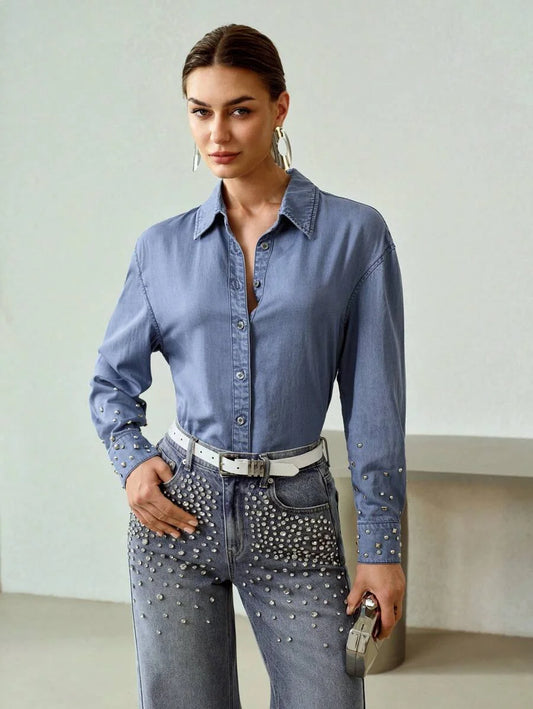 PREMIUM STUDDED DETAIL DROP SHOULDER OVERSIZE DENIM SHIRT