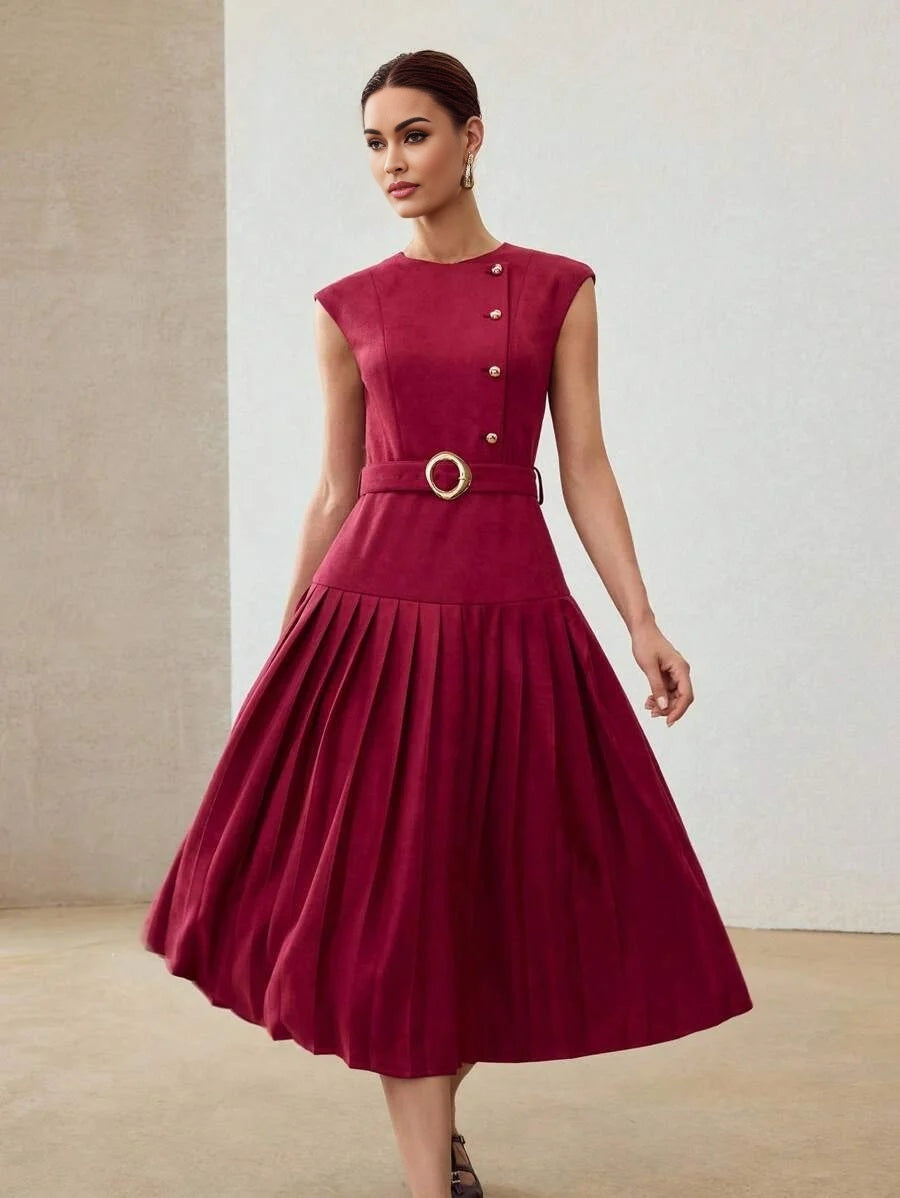 PREMIUM SUEDETTE PLEATED HEM BELTED DRESS