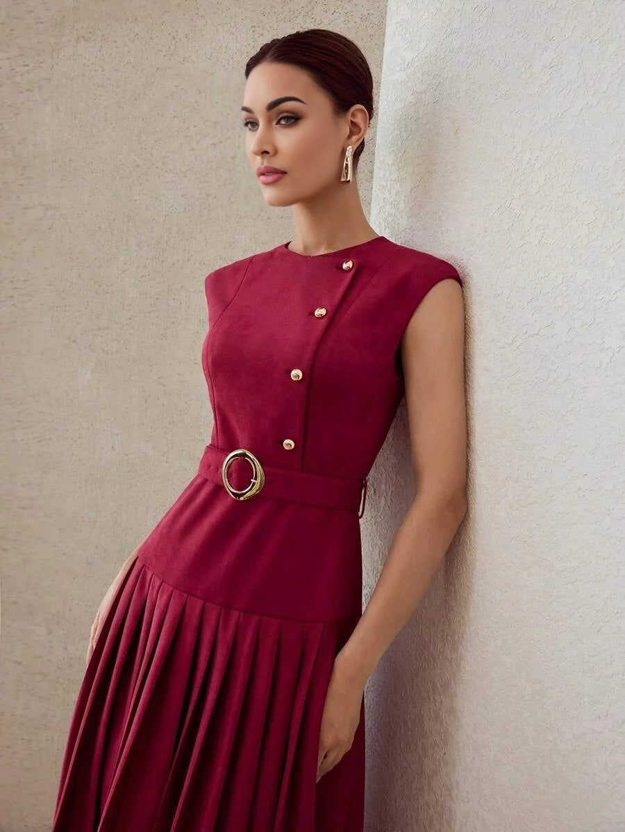 PREMIUM SUEDETTE PLEATED HEM BELTED DRESS