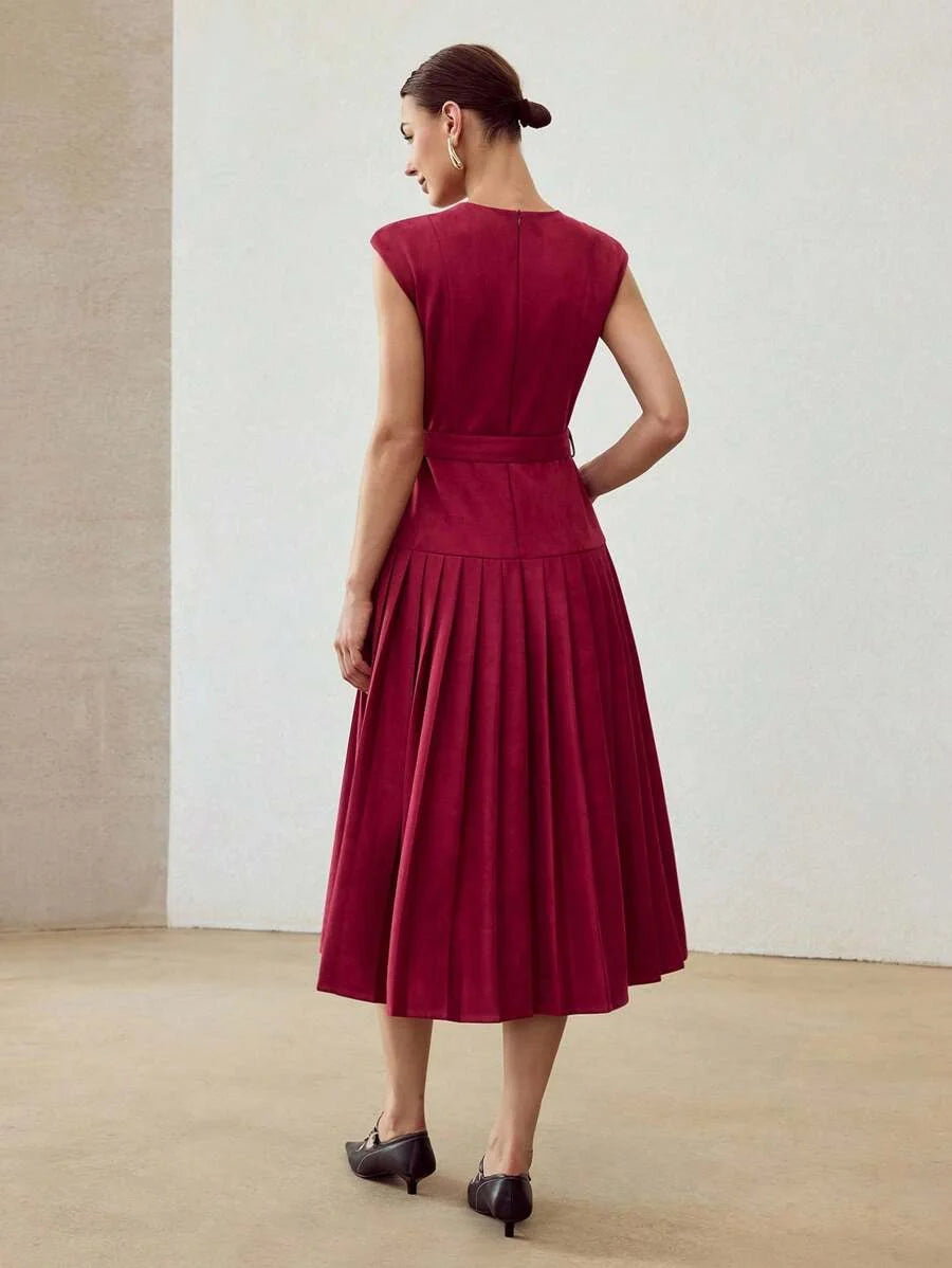PREMIUM SUEDETTE PLEATED HEM BELTED DRESS