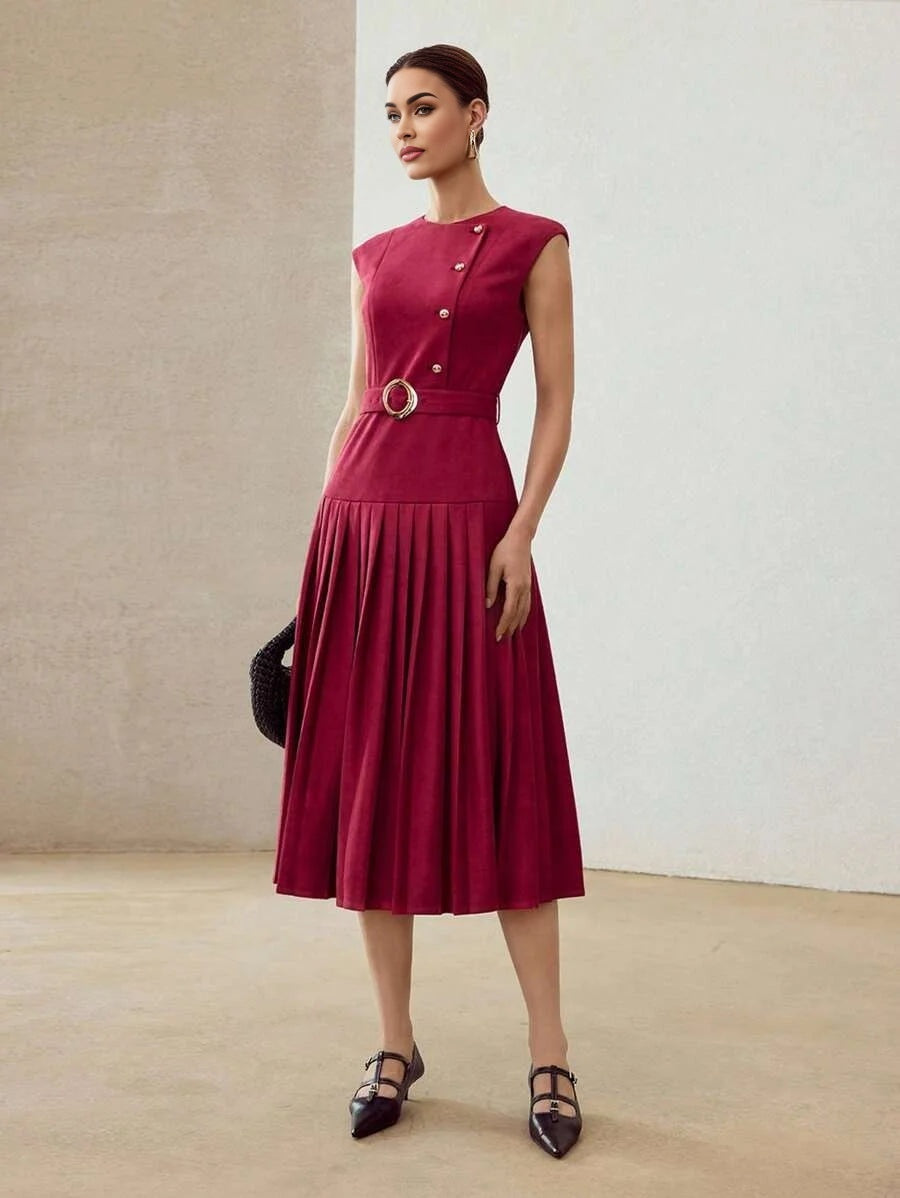 PREMIUM SUEDETTE PLEATED HEM BELTED DRESS