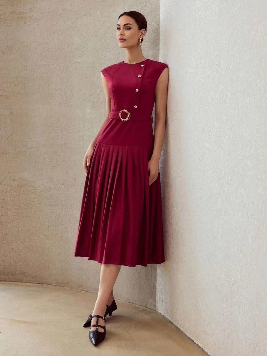 PREMIUM SUEDETTE PLEATED HEM BELTED DRESS