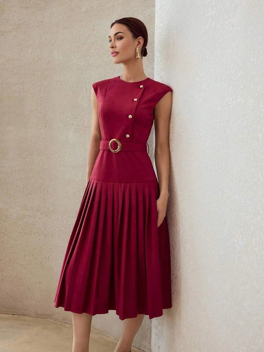 PREMIUM SUEDETTE PLEATED HEM BELTED DRESS
