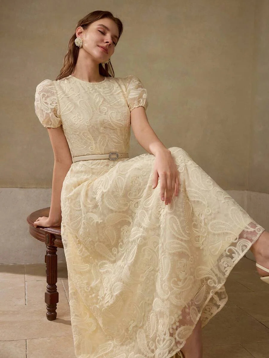 PREMIUM SUMMER WOMEN ROUND NECK BUBBLE SHORT SLEEVE FITTED WAIST DRESS ELEGANT