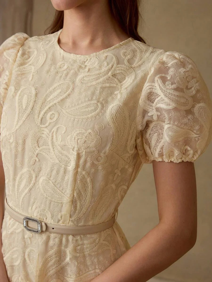 PREMIUM SUMMER WOMEN ROUND NECK BUBBLE SHORT SLEEVE FITTED WAIST DRESS ELEGANT