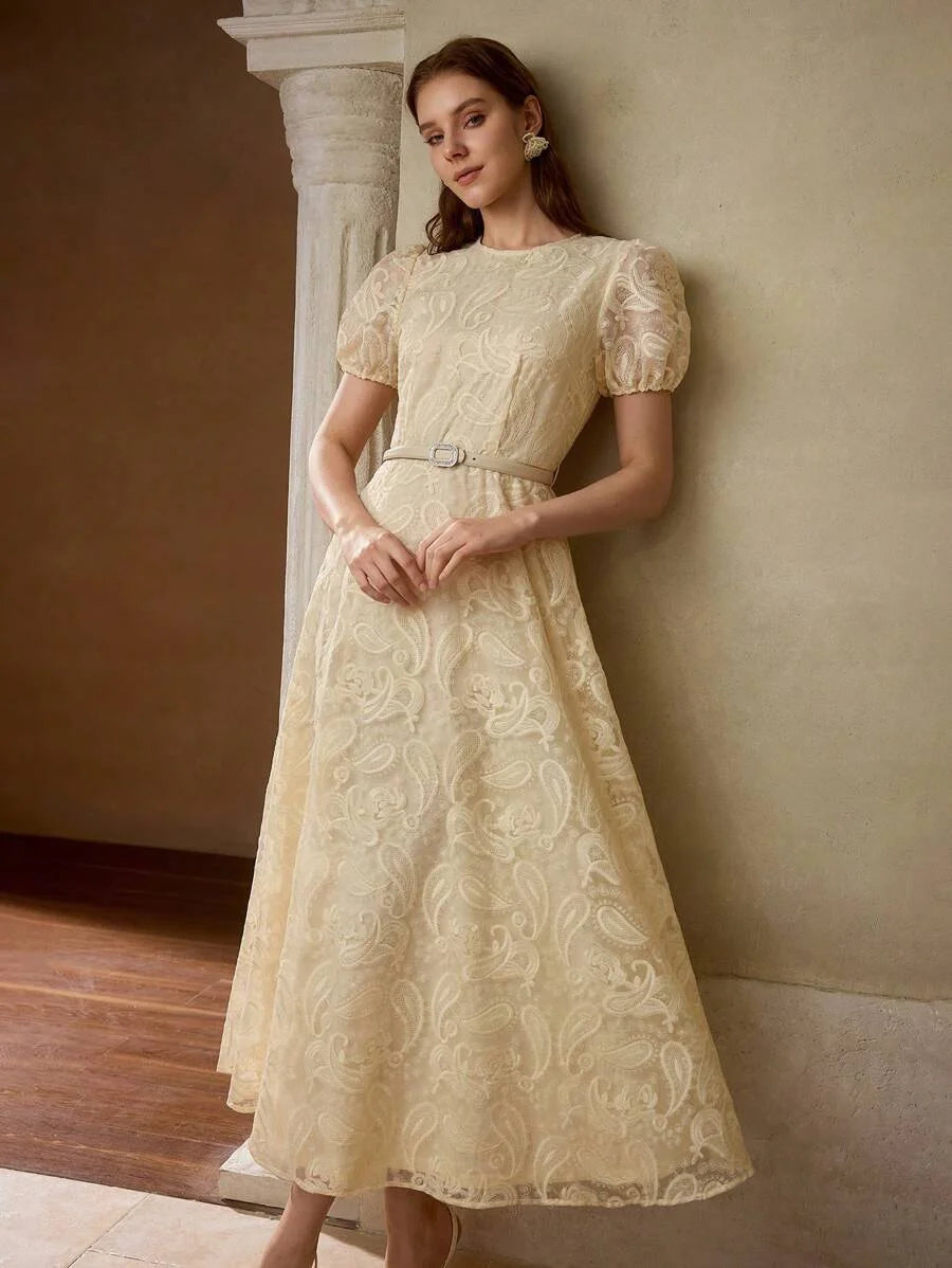 PREMIUM SUMMER WOMEN ROUND NECK BUBBLE SHORT SLEEVE FITTED WAIST DRESS ELEGANT