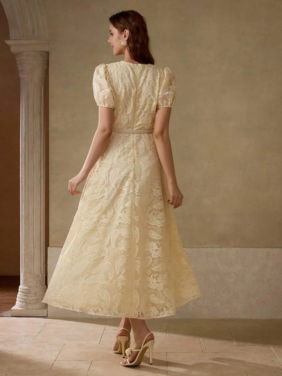 PREMIUM SUMMER WOMEN ROUND NECK BUBBLE SHORT SLEEVE FITTED WAIST DRESS ELEGANT