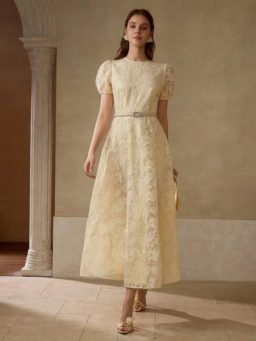 PREMIUM SUMMER WOMEN ROUND NECK BUBBLE SHORT SLEEVE FITTED WAIST DRESS ELEGANT