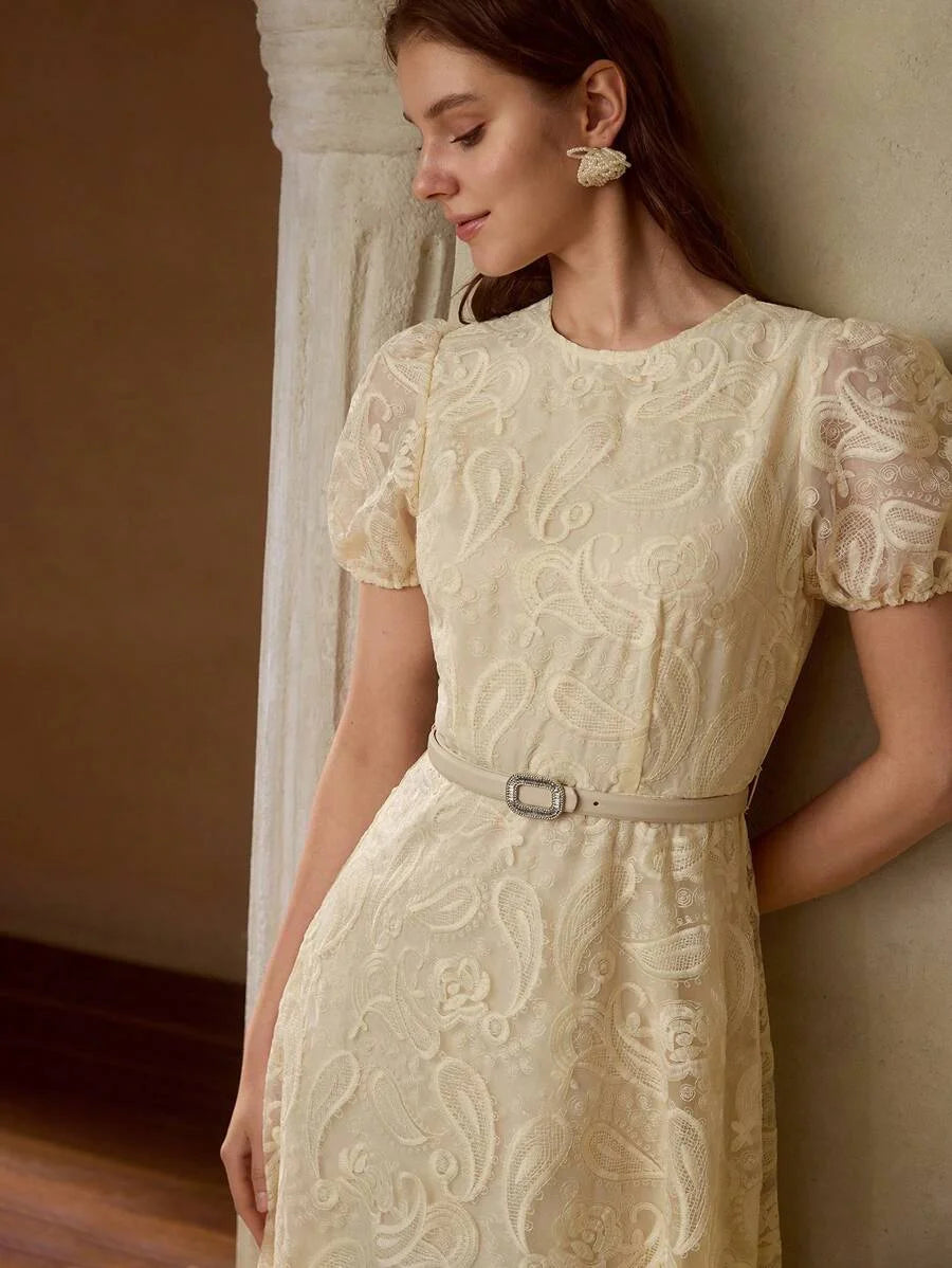 PREMIUM SUMMER WOMEN ROUND NECK BUBBLE SHORT SLEEVE FITTED WAIST DRESS ELEGANT