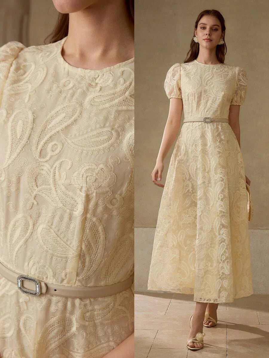 PREMIUM SUMMER WOMEN ROUND NECK BUBBLE SHORT SLEEVE FITTED WAIST DRESS ELEGANT