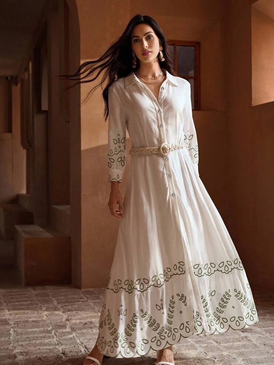 PREMIUM SUMMER WOMENS LINEN EMBROIDERY VACATION BELTED SHIRT DRESS