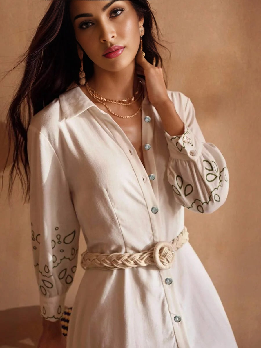 PREMIUM SUMMER WOMENS LINEN EMBROIDERY VACATION BELTED SHIRT DRESS