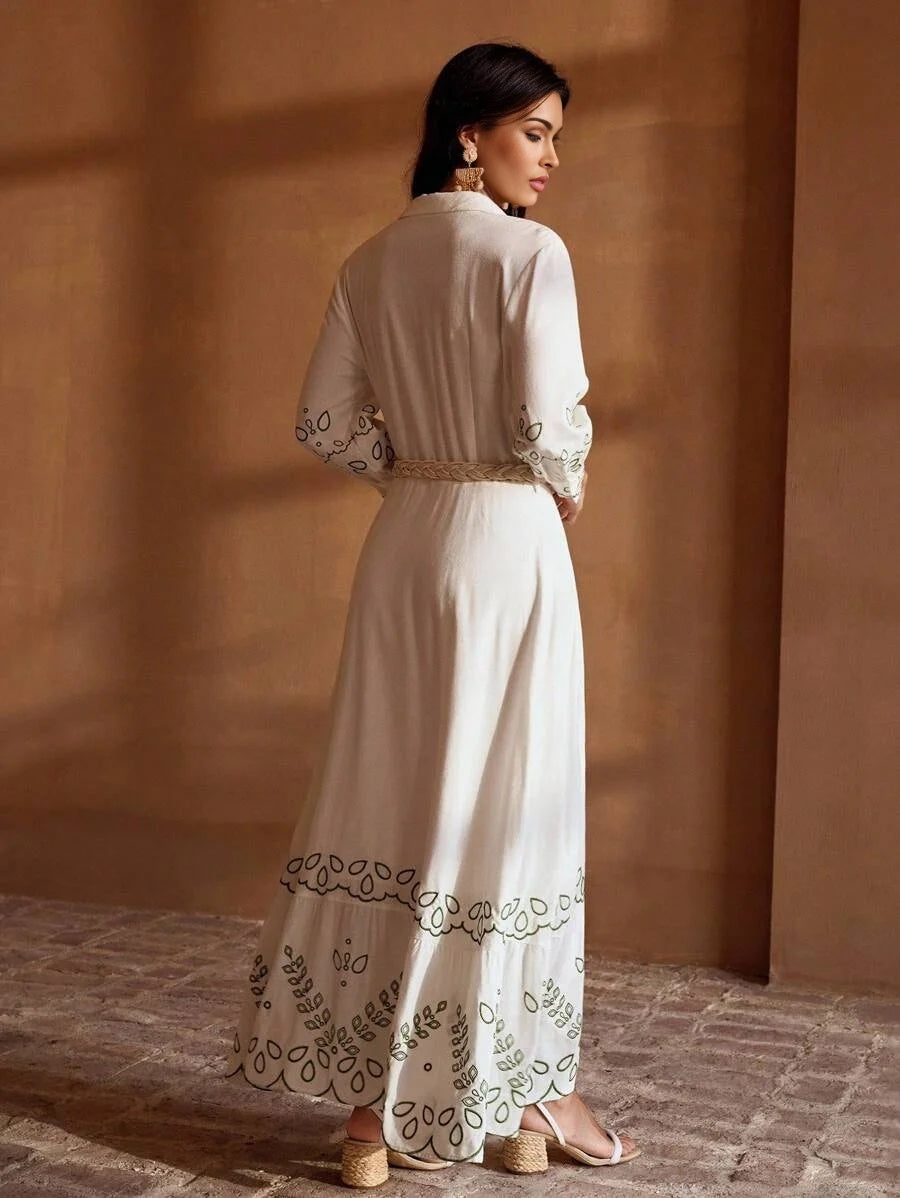 PREMIUM SUMMER WOMENS LINEN EMBROIDERY VACATION BELTED SHIRT DRESS