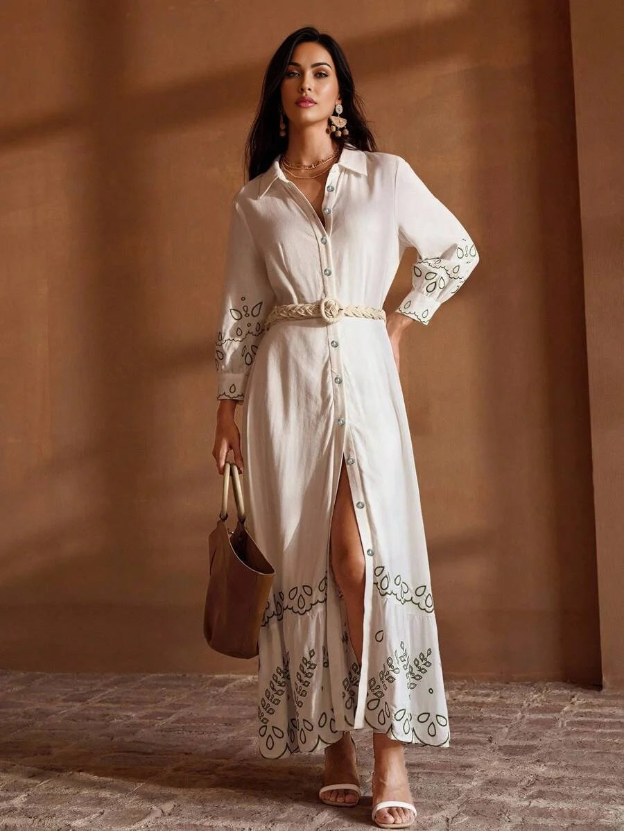 PREMIUM SUMMER WOMENS LINEN EMBROIDERY VACATION BELTED SHIRT DRESS