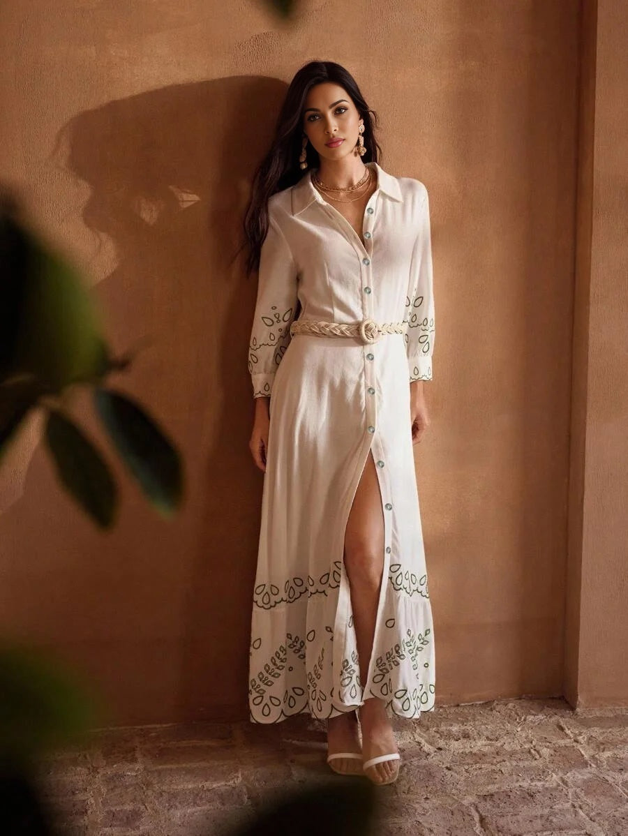 PREMIUM SUMMER WOMENS LINEN EMBROIDERY VACATION BELTED SHIRT DRESS