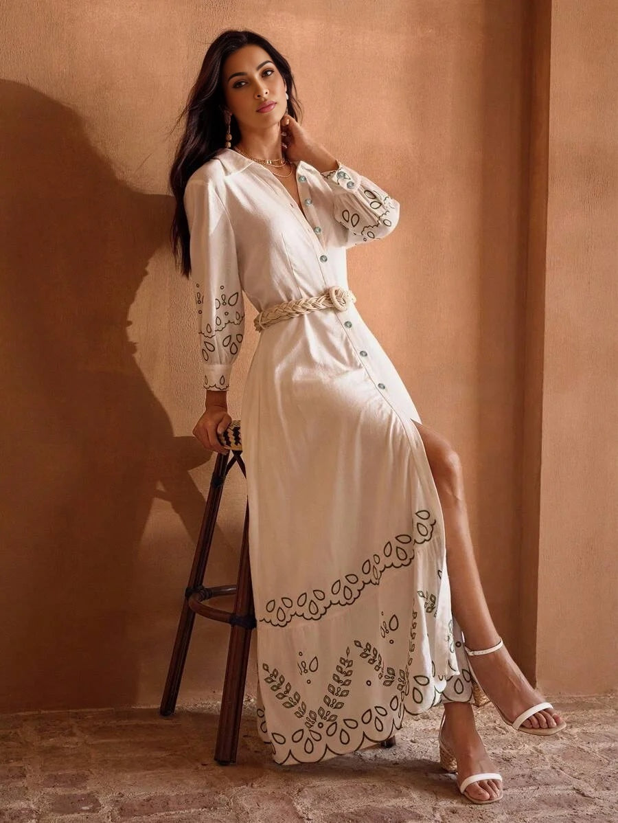 PREMIUM SUMMER WOMENS LINEN EMBROIDERY VACATION BELTED SHIRT DRESS