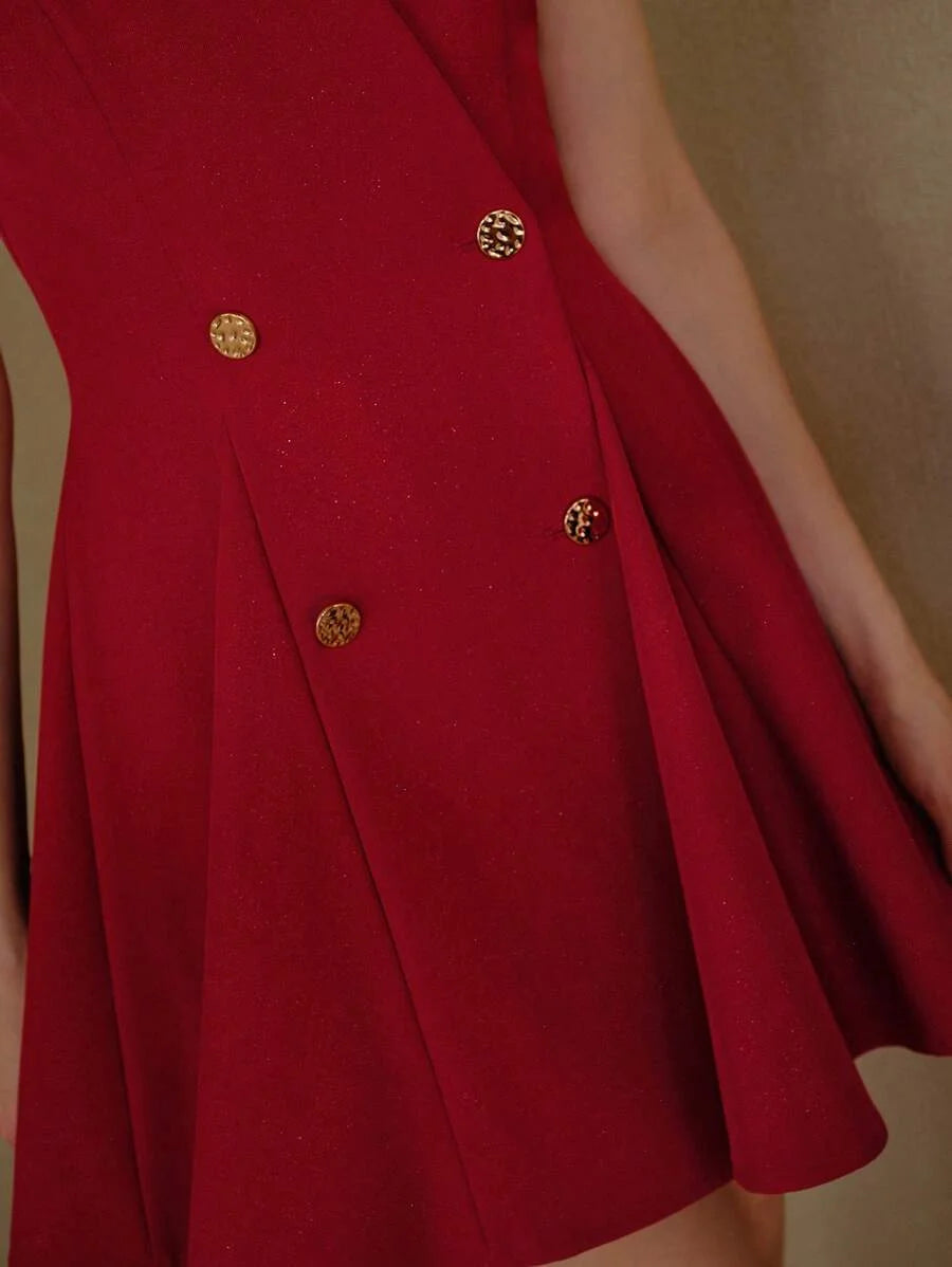 PREMIUM SURPLICE NECK DOUBLE BREASTED PLACKET FLARED HEM DRESS