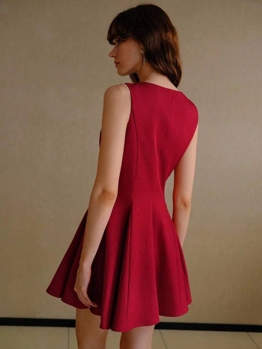 PREMIUM SURPLICE NECK DOUBLE BREASTED PLACKET FLARED HEM DRESS