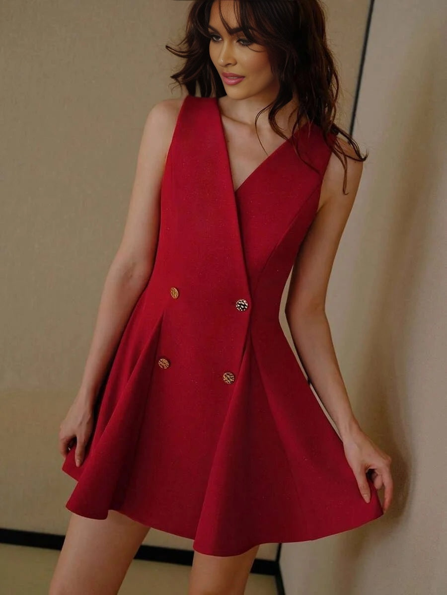 PREMIUM SURPLICE NECK DOUBLE BREASTED PLACKET FLARED HEM DRESS