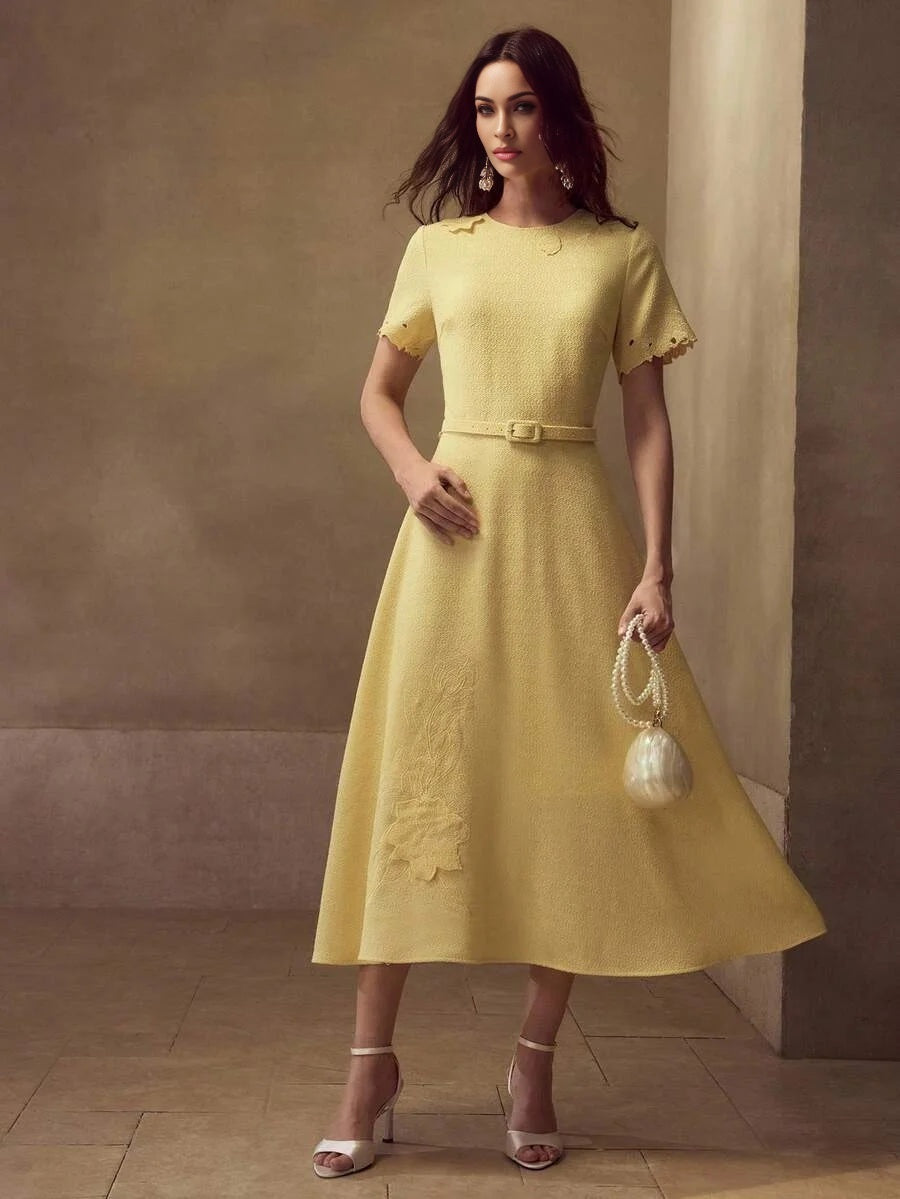 PREMIUM TEXTURED FLORAL EMBROIDERED ALINE DRESS