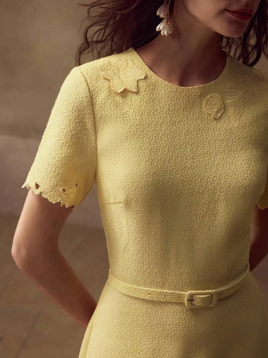 PREMIUM TEXTURED FLORAL EMBROIDERED ALINE DRESS