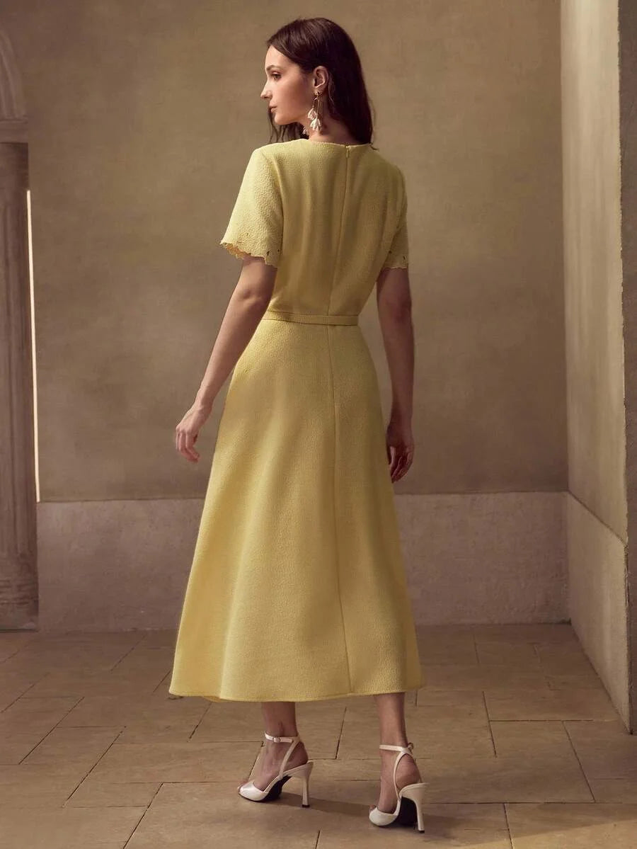 PREMIUM TEXTURED FLORAL EMBROIDERED ALINE DRESS