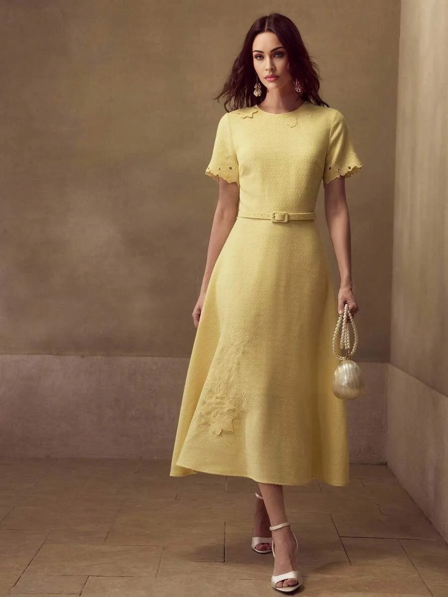 PREMIUM TEXTURED FLORAL EMBROIDERED ALINE DRESS