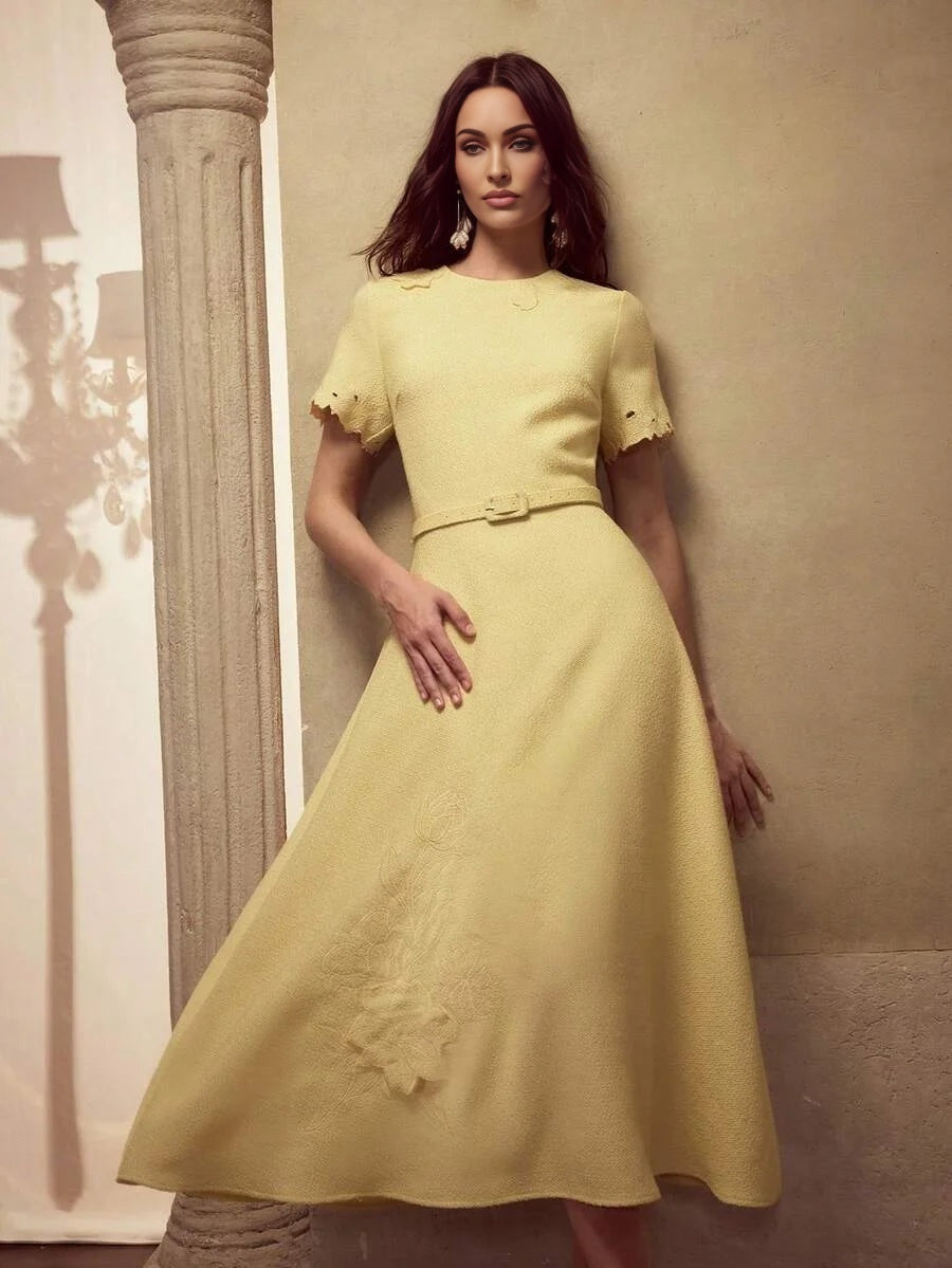 PREMIUM TEXTURED FLORAL EMBROIDERED ALINE DRESS