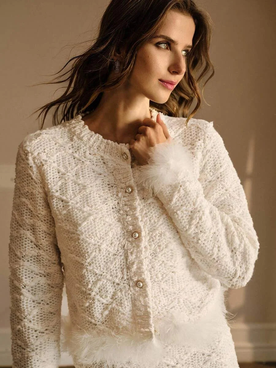 PREMIUM TEXTURED KNIT CONTRAST FUZZY TRIM CARDIGAN