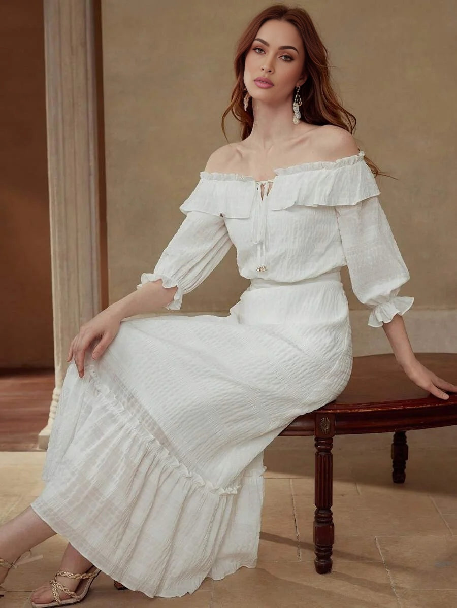 PREMIUM TEXTURED OFF SHOULDER DRESS