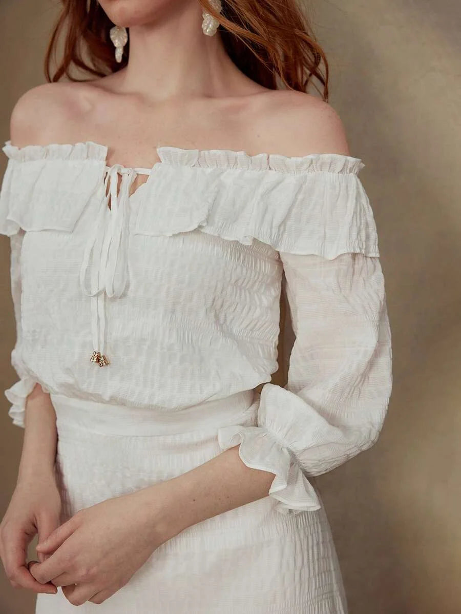 PREMIUM TEXTURED OFF SHOULDER DRESS