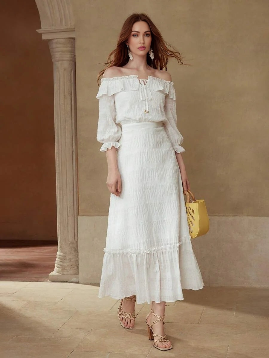 PREMIUM TEXTURED OFF SHOULDER DRESS