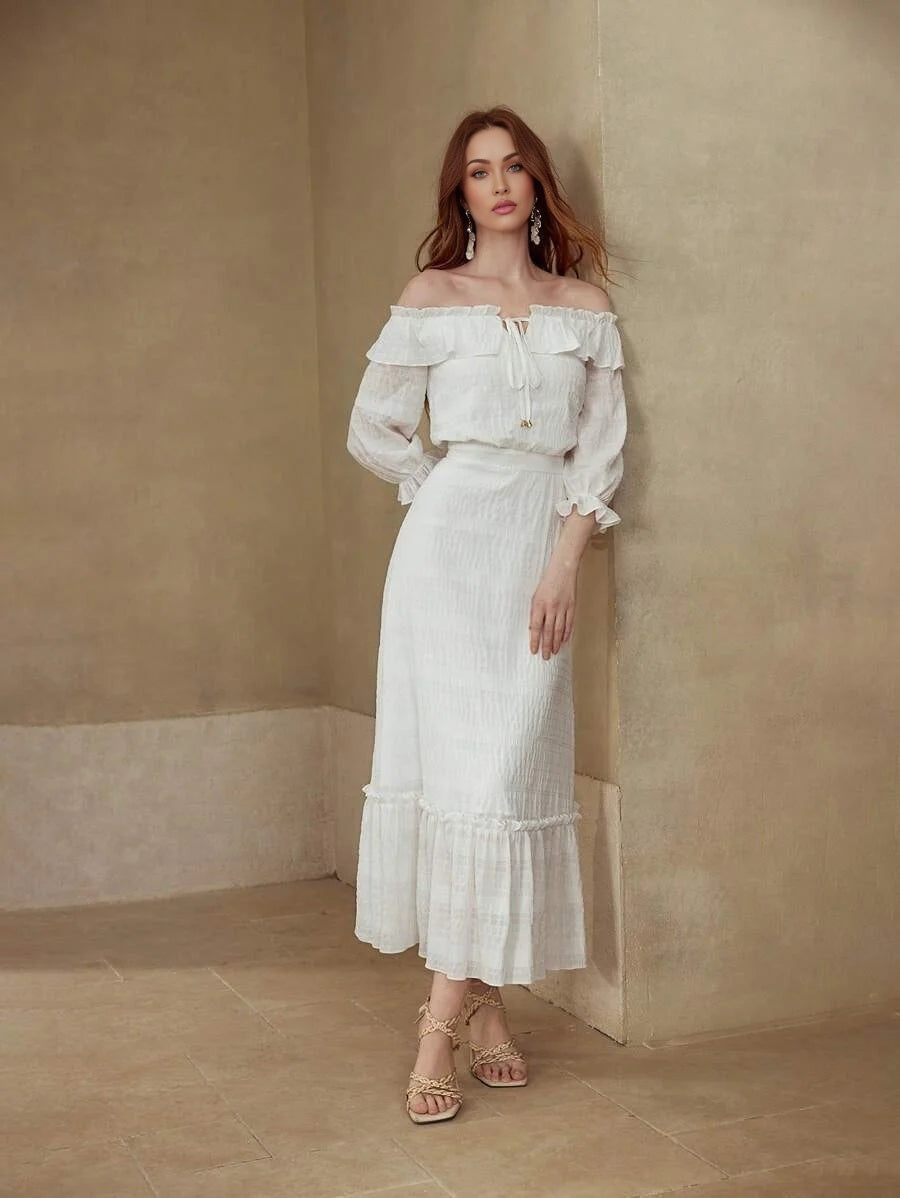 PREMIUM TEXTURED OFF SHOULDER DRESS