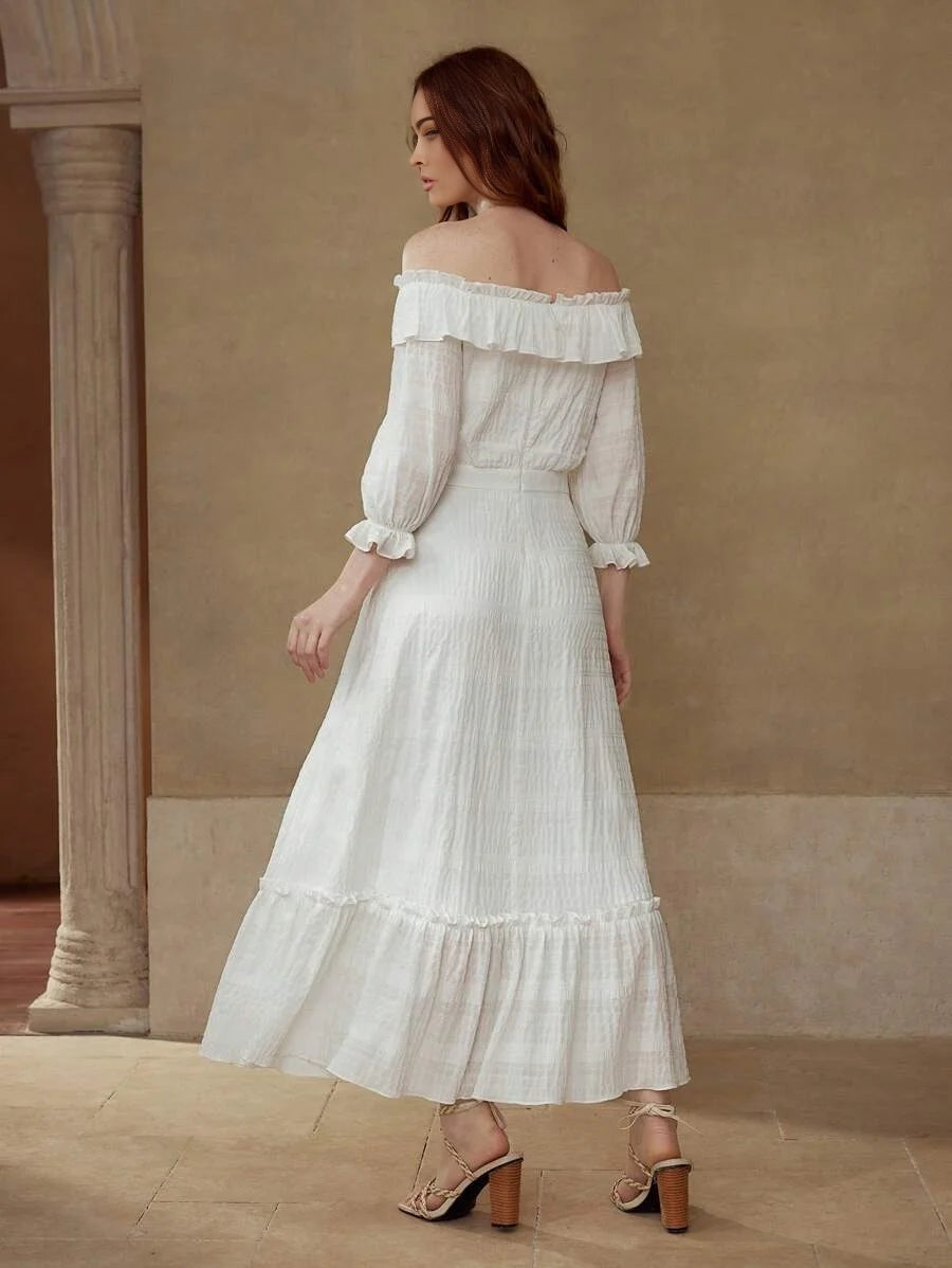 PREMIUM TEXTURED OFF SHOULDER DRESS