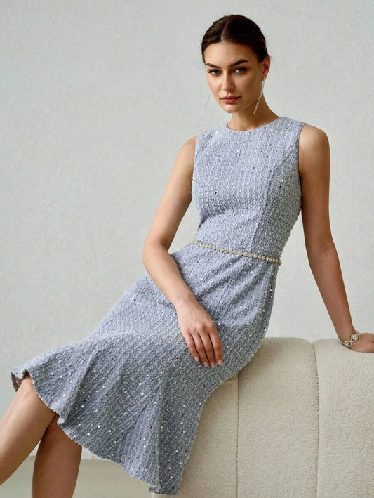 PREMIUM TEXTURED SEQUIN MERMAID HEM DENIM DRESS
